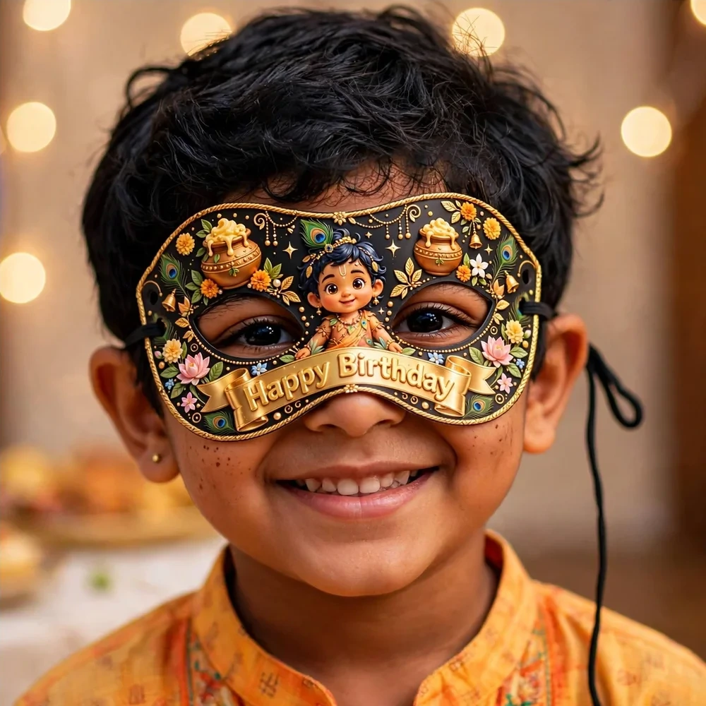 Krishna Theme Party Mask Birthday Party Supplies (PACK OF 12) - 280 GSM Cardstock with Soft Stretchable Elastic Band (7 Inches wide) - Premium Party Decor Supply by Party Decor Mall - View 4