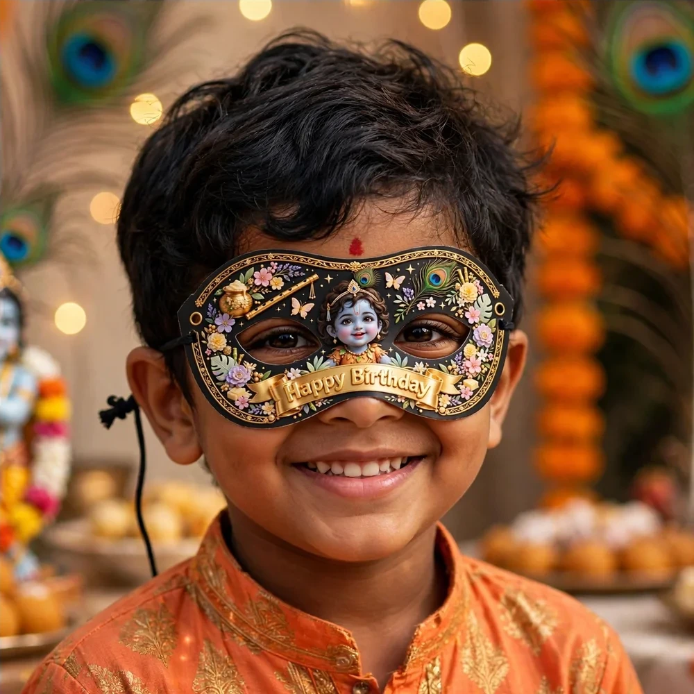 Janmashtami Theme Party Mask Birthday Party Supplies (PACK OF 12) - 280 GSM Cardstock with Soft Stretchable Elastic Band (7 Inches wide) - Premium Party Decor Supply by Party Decor Mall - View 4