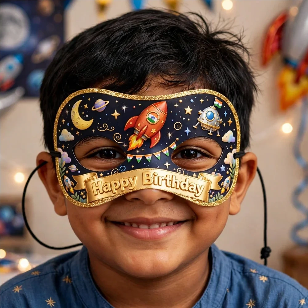 Isro Chandrayaan Theme Party Mask Birthday Party Supplies (PACK OF 12) - 280 GSM Cardstock with Soft Stretchable Elastic Band (7 Inches wide) - Premium Party Decor Supply by Party Decor Mall - View 4