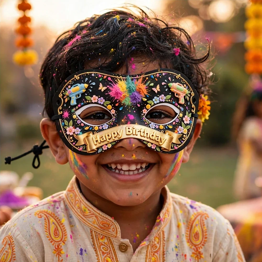 Holi Theme Party Mask Birthday Party Supplies (PACK OF 12) - 280 GSM Cardstock with Soft Stretchable Elastic Band (7 Inches wide) - Premium Party Decor Supply by Party Decor Mall - View 4