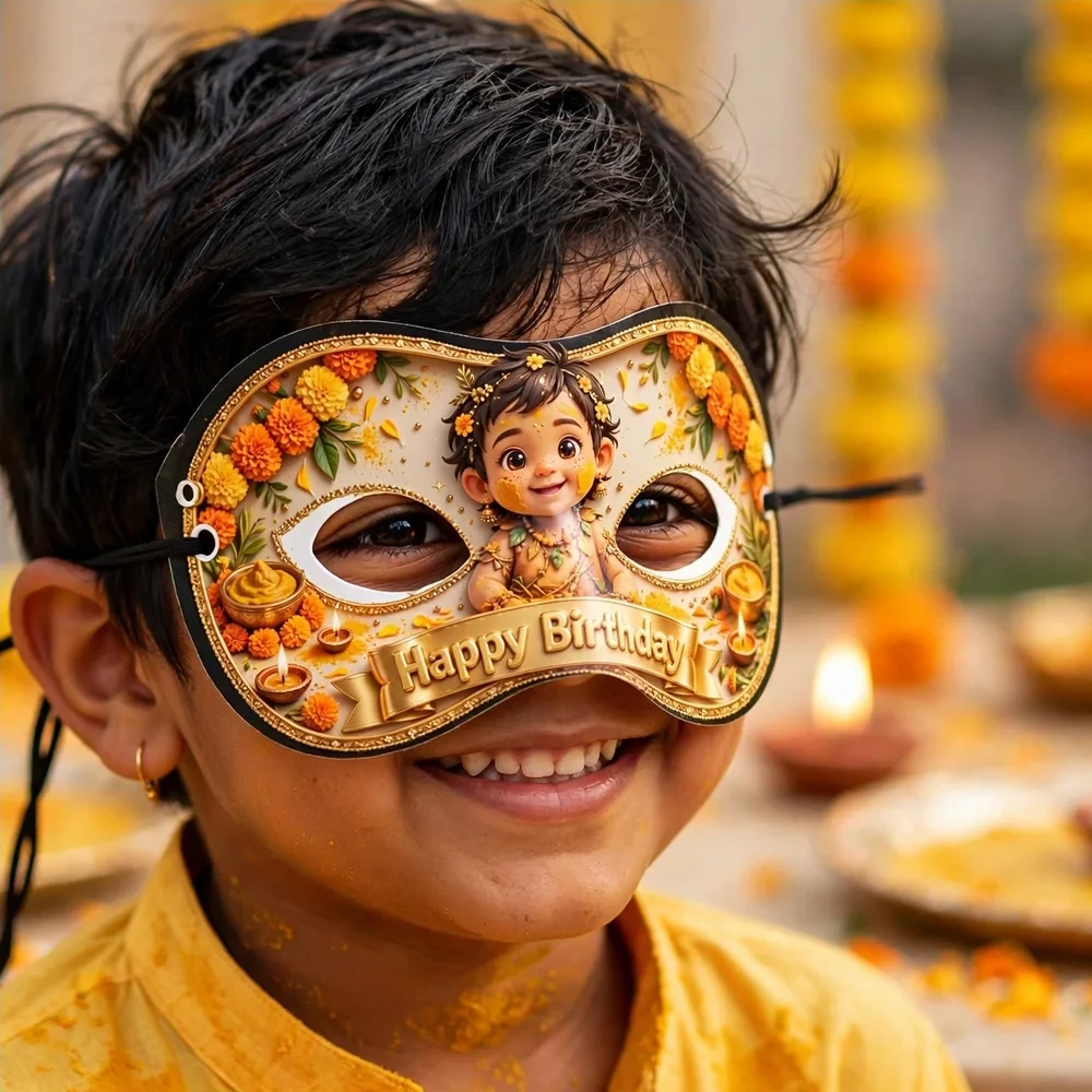 Haldi Theme Party Mask Birthday Party Supplies (PACK OF 12) - 280 GSM Cardstock with Soft Stretchable Elastic Band (7 Inches wide) - Premium Party Decor Supply by Party Decor Mall - View 4