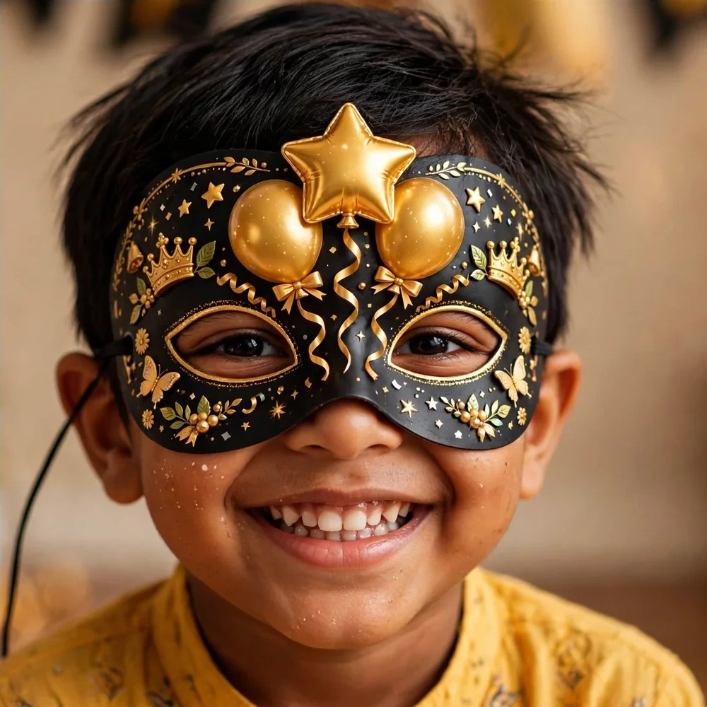 Golden Theme Party Mask Birthday Party Supplies (PACK OF 12) - 280 GSM Cardstock with Soft Stretchable Elastic Band (7 Inches wide) - Premium Party Decor Supply by Party Decor Mall - View 4