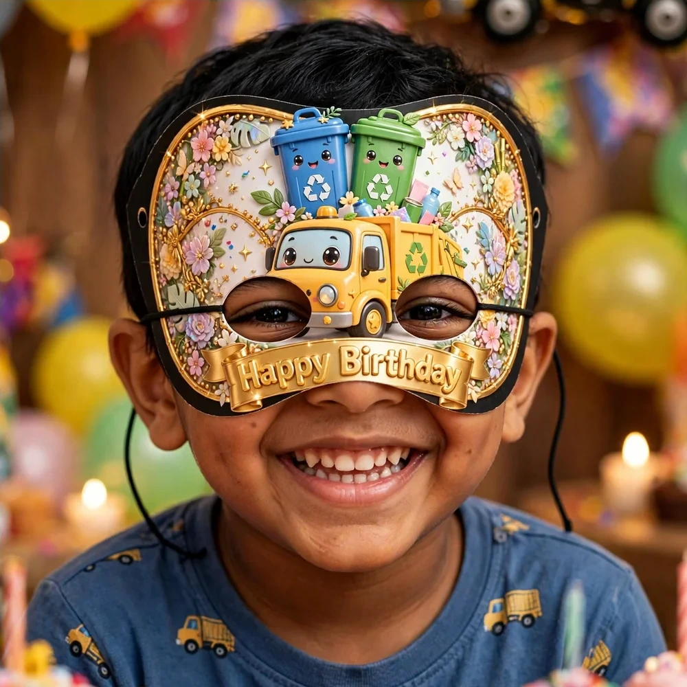 Garbage Truck Theme Party Mask Birthday Party Supplies (PACK OF 12) - 280 GSM Cardstock with Soft Stretchable Elastic Band (7 Inches wide) - Premium Party Decor Supply by Party Decor Mall - View 4