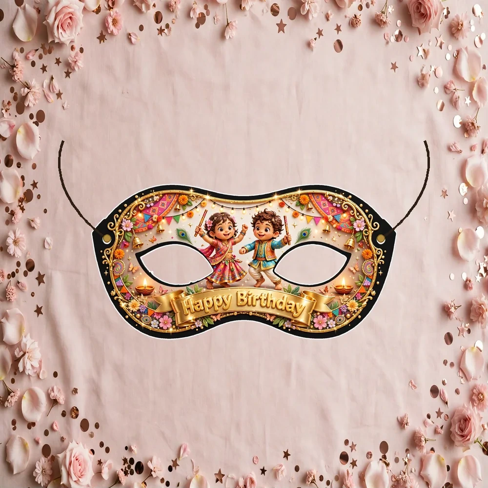 Garba Dandiya Theme Party Mask Birthday Party Supplies (PACK OF 12) - 280 GSM Cardstock with Soft Stretchable Elastic Band (7 Inches wide)