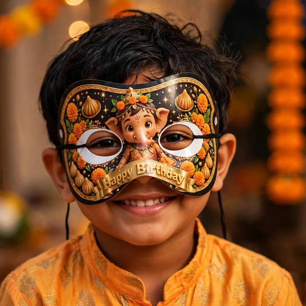 Ganesh Chaturthi Theme Party Mask Birthday Party Supplies (PACK OF 12) - 280 GSM Cardstock with Soft Stretchable Elastic Band (7 Inches wide) - Premium Party Decor Supply by Party Decor Mall - View 4