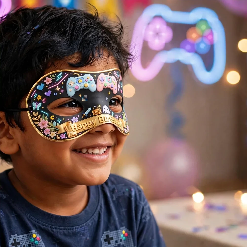 Gamer Party Theme Party Mask Birthday Party Supplies (PACK OF 12) - 280 GSM Cardstock with Soft Stretchable Elastic Band (7 Inches wide) - Premium Party Decor Supply by Party Decor Mall - View 4