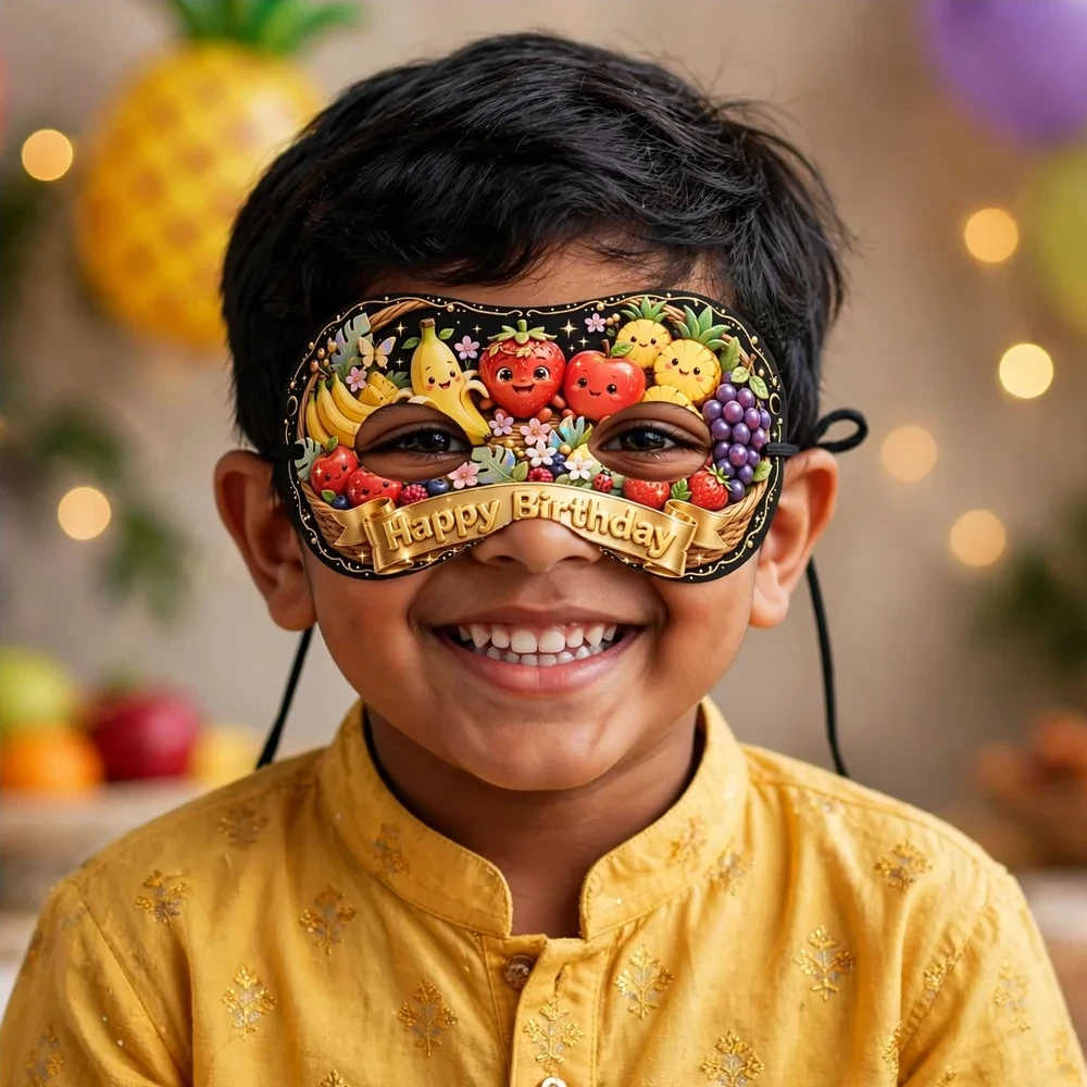 Fruit Basket Theme Party Mask Birthday Party Supplies (PACK OF 12) - 280 GSM Cardstock with Soft Stretchable Elastic Band (7 Inches wide) - Premium Party Decor Supply by Party Decor Mall - View 4