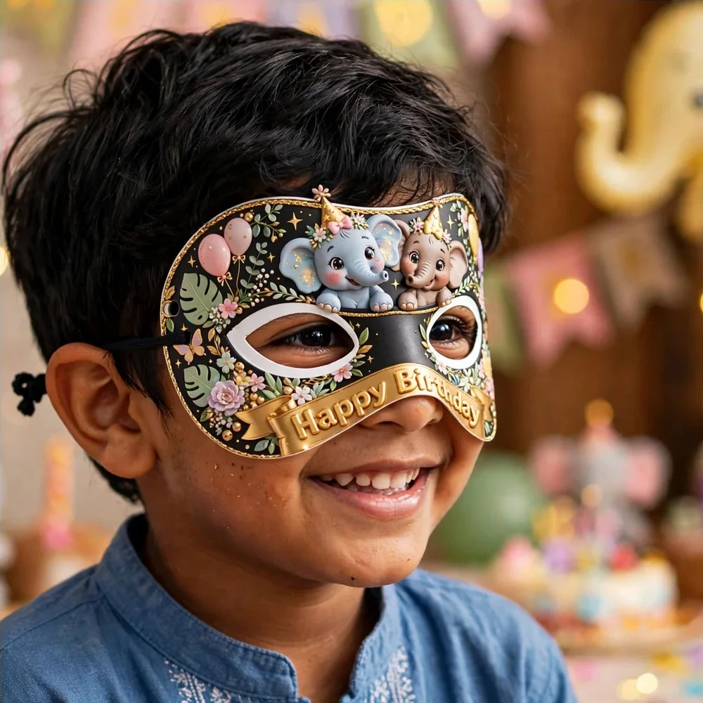 Elephant Theme Party Mask Birthday Party Supplies (PACK OF 12) - 280 GSM Cardstock with Soft Stretchable Elastic Band (7 Inches wide) - Premium Party Decor Supply by Party Decor Mall - View 4