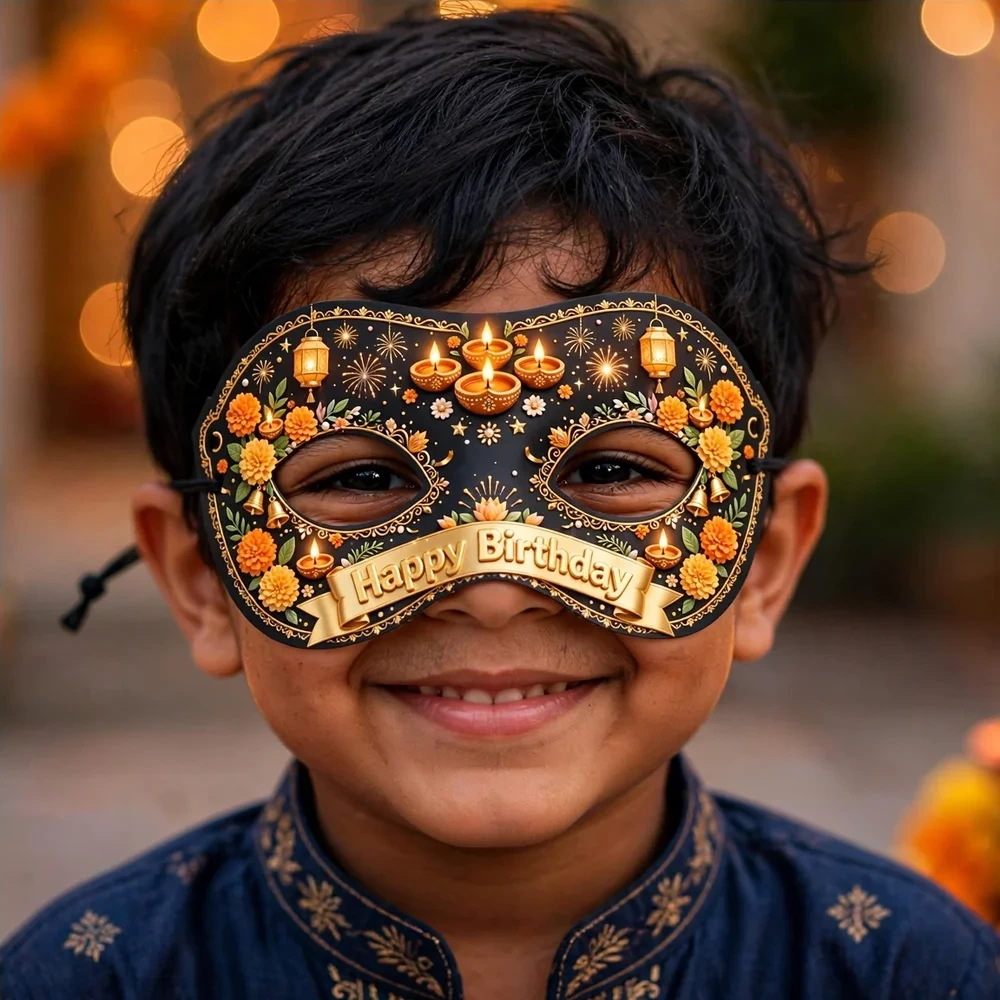 Diwali Theme Party Mask Birthday Party Supplies (PACK OF 12) - 280 GSM Cardstock with Soft Stretchable Elastic Band (7 Inches wide) - Premium Party Decor Supply by Party Decor Mall - View 4