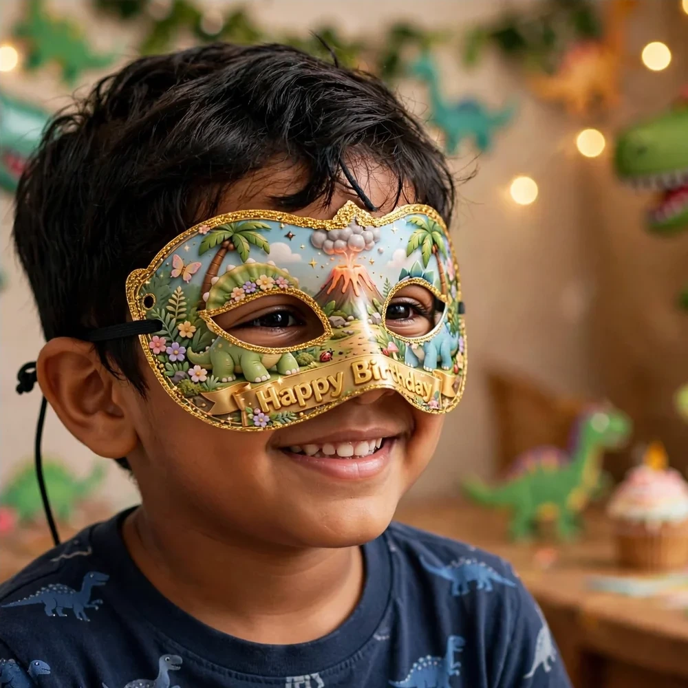 Dinosaur Theme Party Mask Birthday Party Supplies (PACK OF 12) - 280 GSM Cardstock with Soft Stretchable Elastic Band (7 Inches wide) - Premium Party Decor Supply by Party Decor Mall - View 4