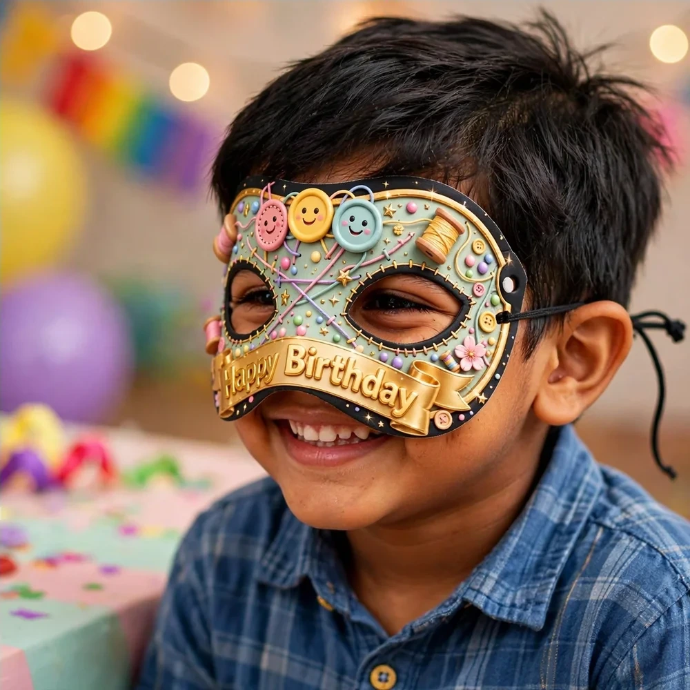 Cute As A Button Theme Party Mask Birthday Party Supplies (PACK OF 12) - 280 GSM Cardstock with Soft Stretchable Elastic Band (7 Inches wide) - Premium Party Decor Supply by Party Decor Mall - View 4