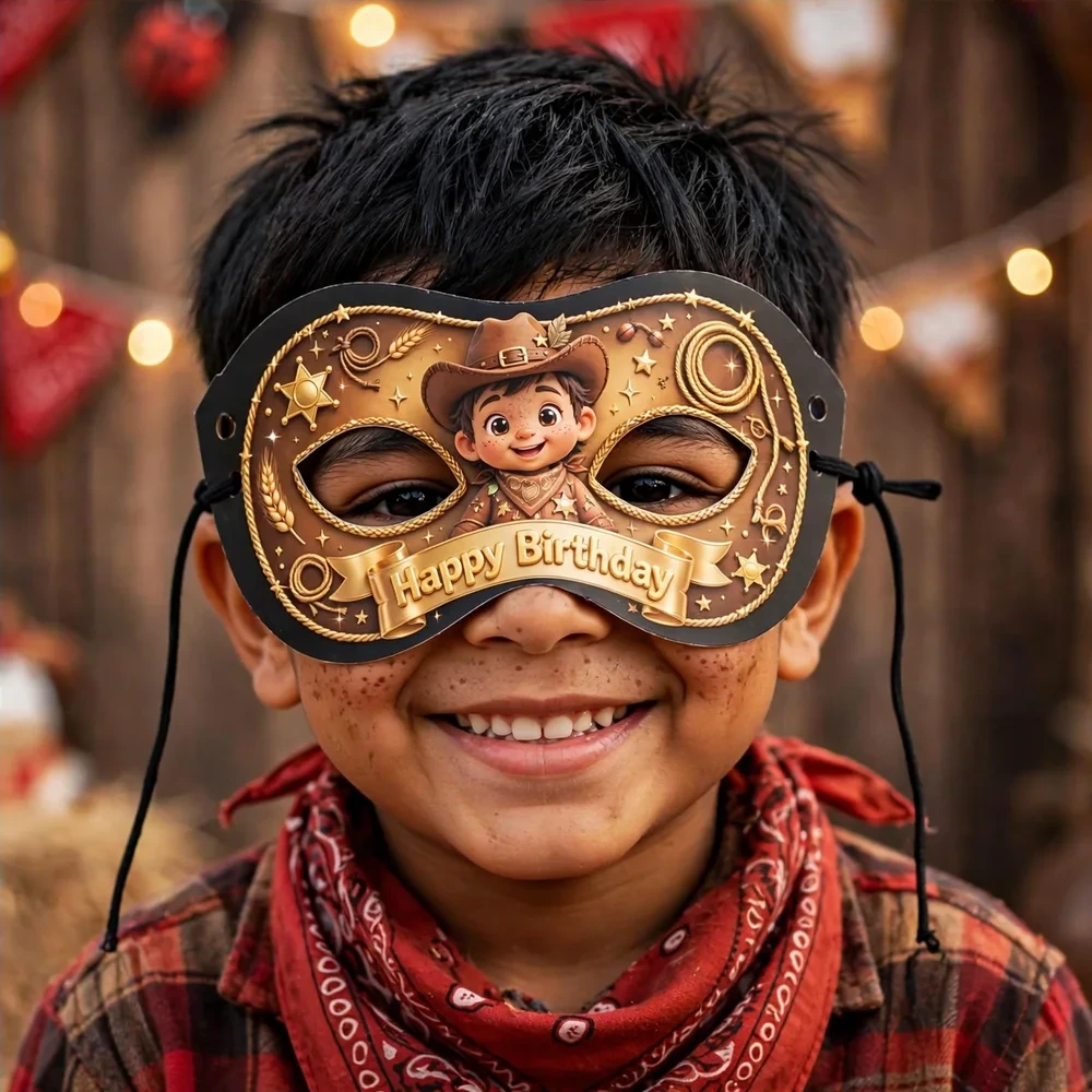 Cowboy Theme Party Mask Birthday Party Supplies (PACK OF 12) - 280 GSM Cardstock with Soft Stretchable Elastic Band (7 Inches wide) - Premium Party Decor Supply by Party Decor Mall - View 4