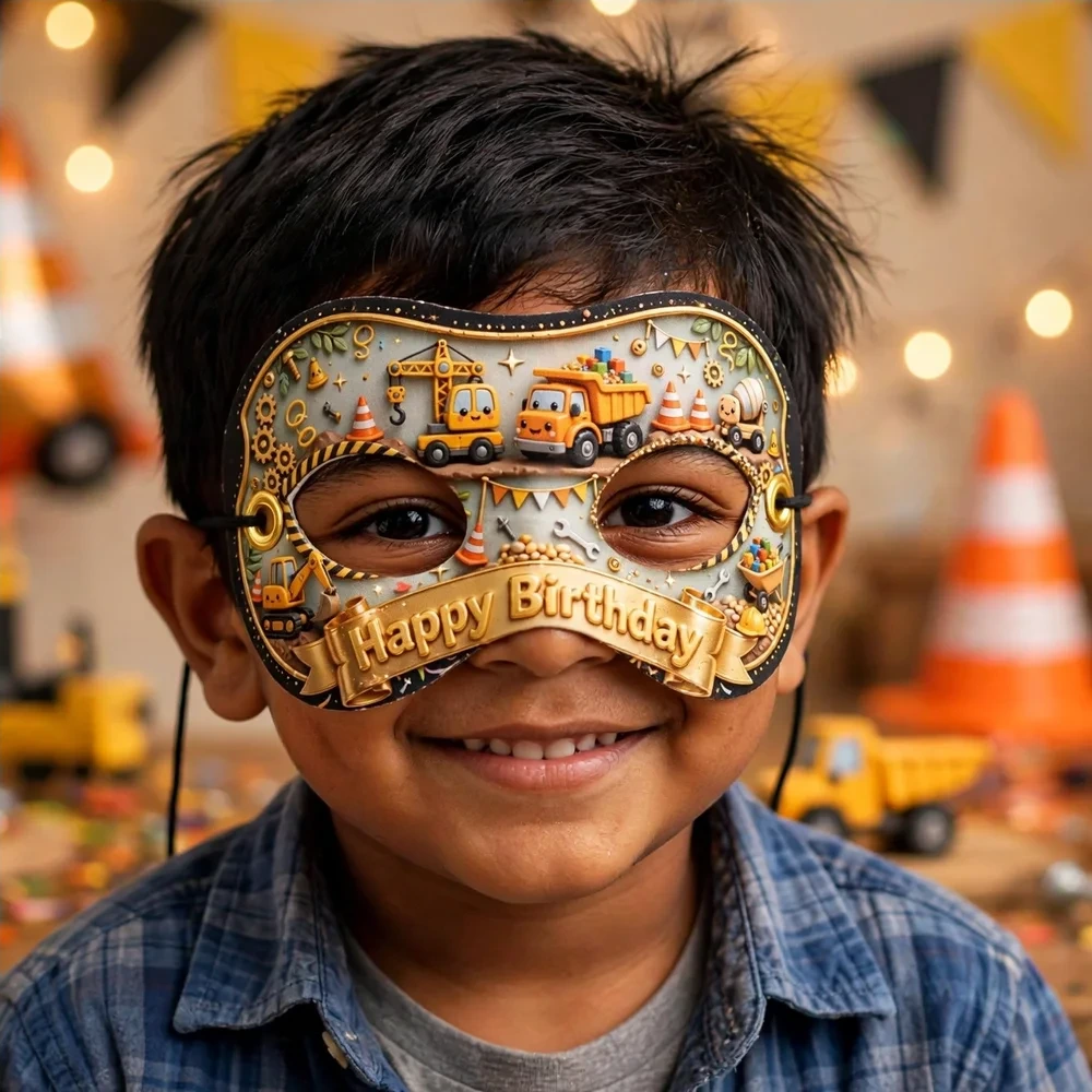 Construction Theme Party Mask Birthday Party Supplies (PACK OF 12) - 280 GSM Cardstock with Soft Stretchable Elastic Band (7 Inches wide) - Premium Party Decor Supply by Party Decor Mall - View 4