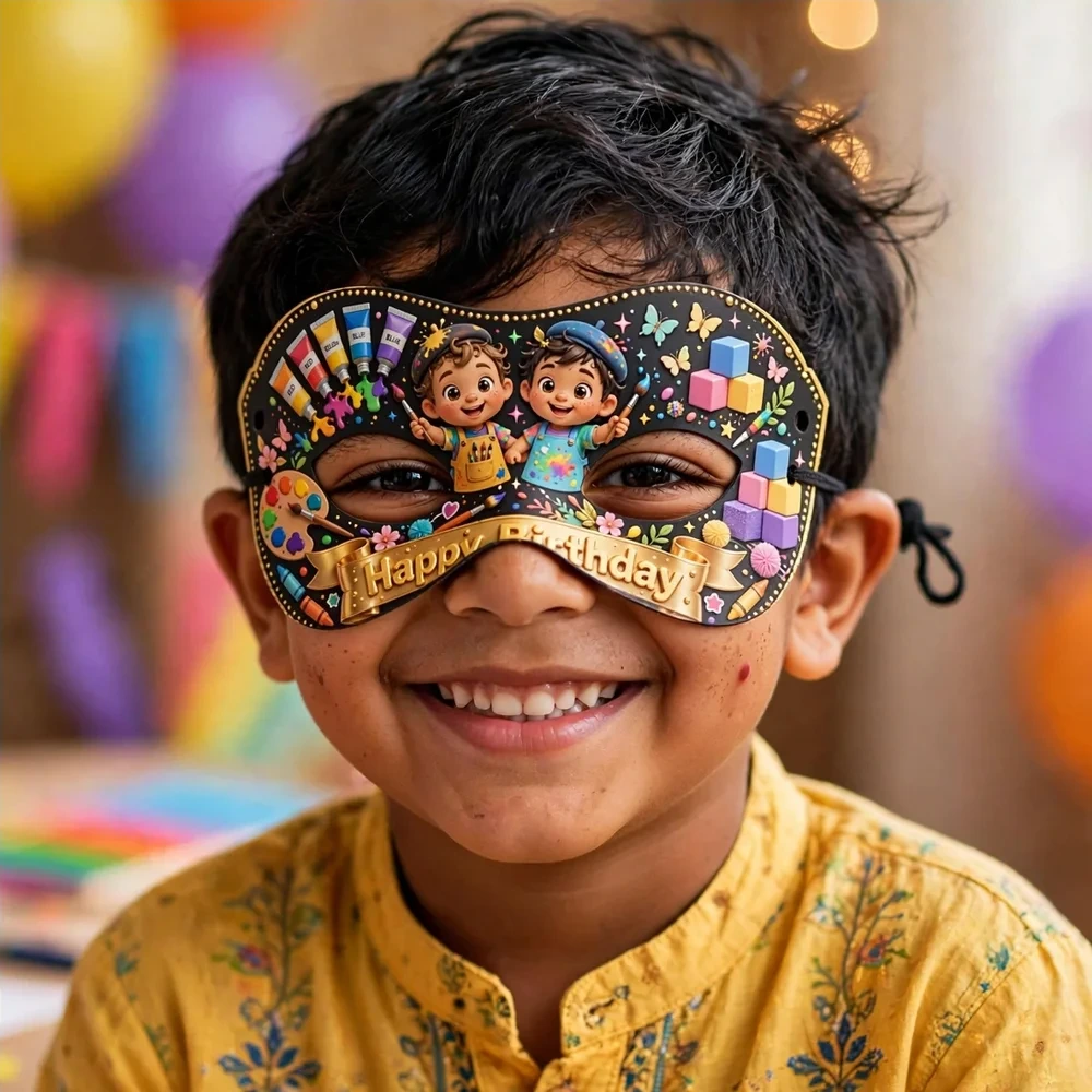 Color Block Art Theme Party Mask Birthday Party Supplies (PACK OF 12) - 280 GSM Cardstock with Soft Stretchable Elastic Band (7 Inches wide) - Premium Party Decor Supply by Party Decor Mall - View 4