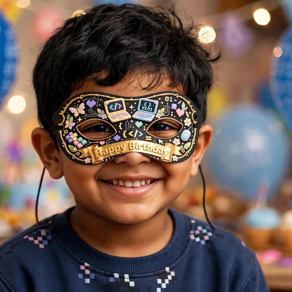 Coding Theme Party Mask Birthday Party Supplies (PACK OF 12) - 280 GSM Cardstock with Soft Stretchable Elastic Band (7 Inches wide) - Premium Party Decor Supply by Party Decor Mall - View 4