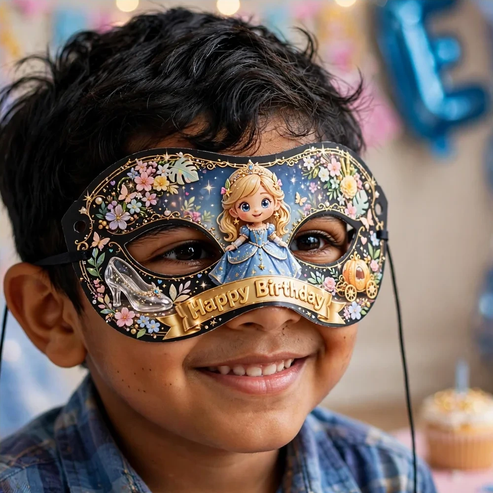 Cinderella Inspired Theme Party Mask Birthday Party Supplies (PACK OF 12) - 280 GSM Cardstock with Soft Stretchable Elastic Band (7 Inches wide) - Premium Party Decor Supply by Party Decor Mall - View 4