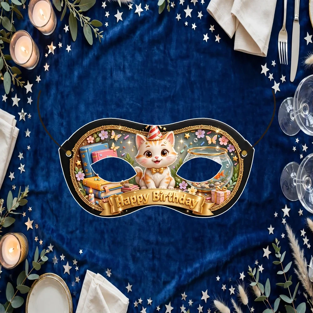 Cat Theme Party Mask Birthday Party Supplies (PACK OF 12) - 280 GSM Cardstock with Soft Stretchable Elastic Band (7 Inches wide)