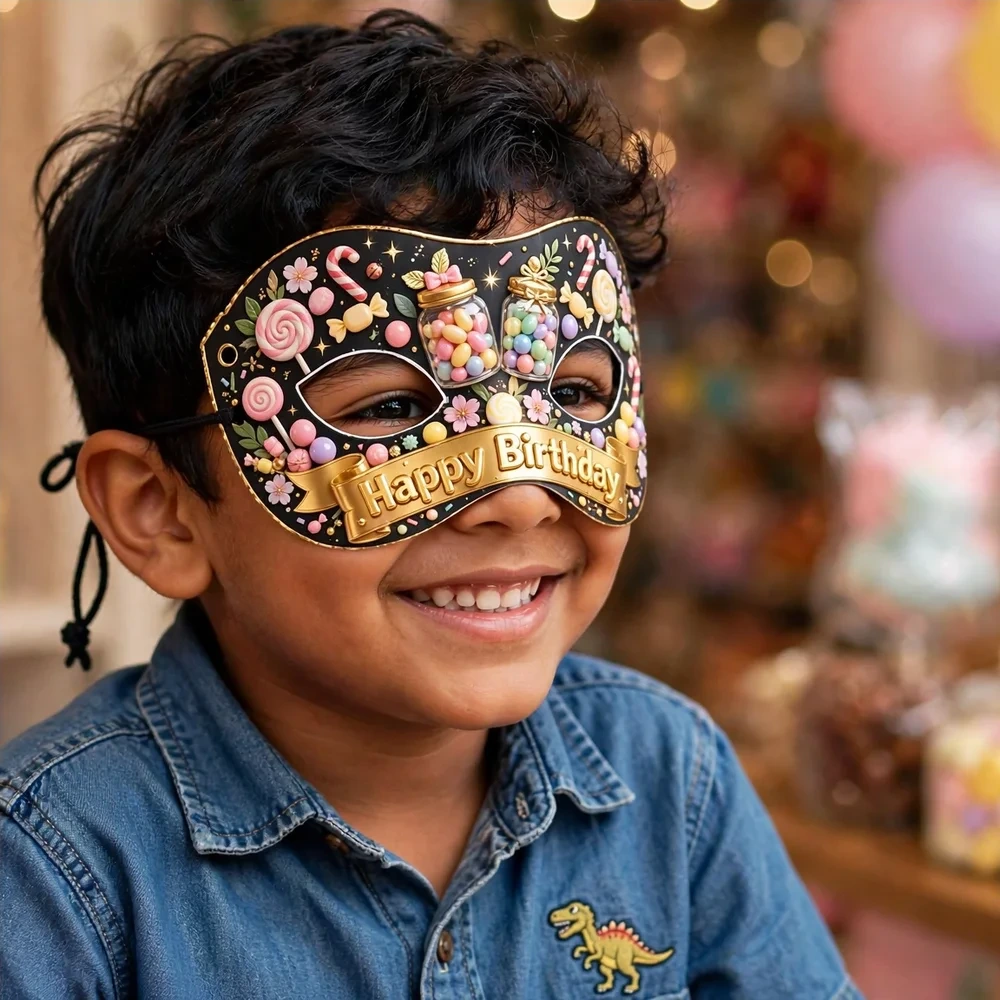 Candy Shop Theme Party Mask Birthday Party Supplies (PACK OF 12) - 280 GSM Cardstock with Soft Stretchable Elastic Band (7 Inches wide) - Premium Party Decor Supply by Party Decor Mall - View 4