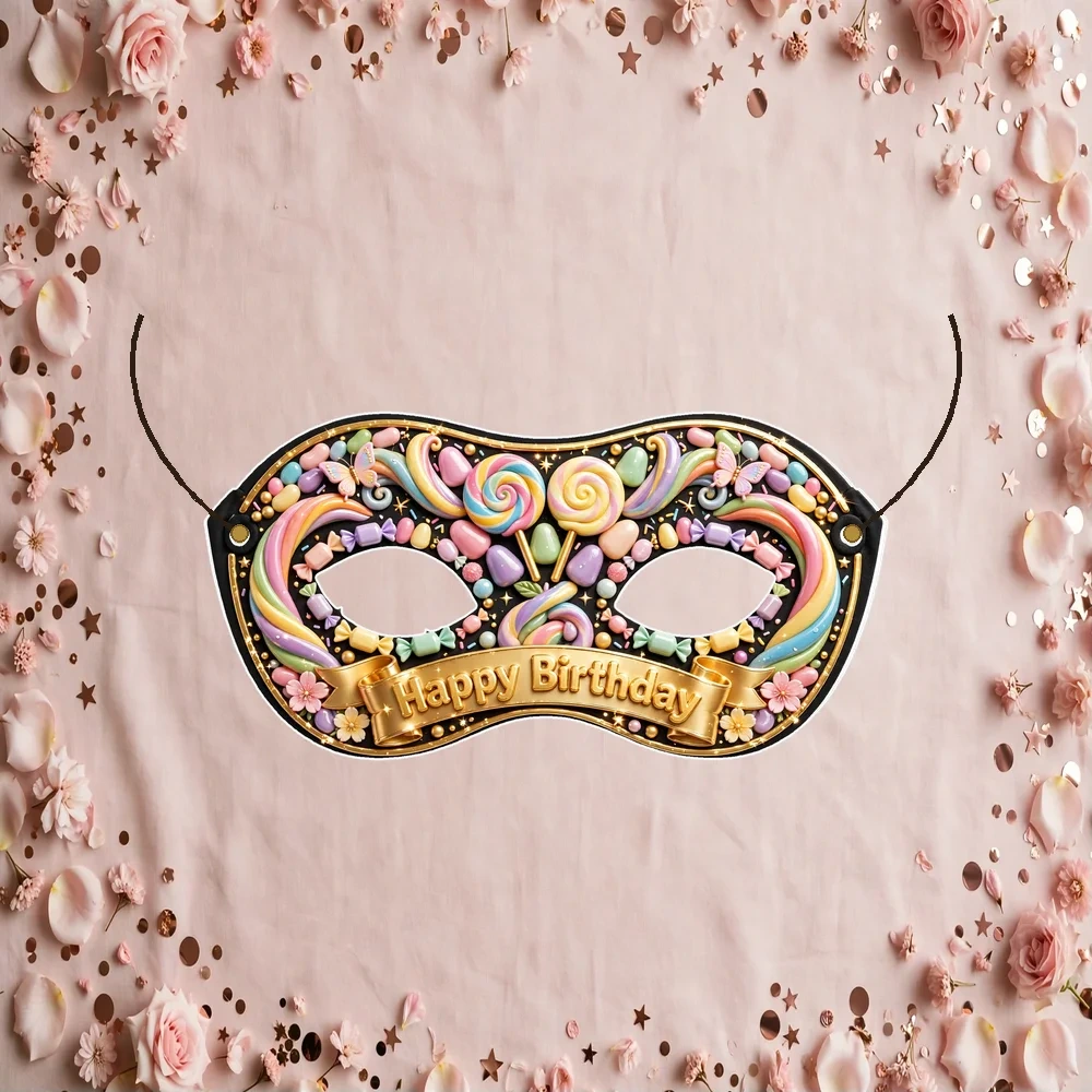 Candyland Theme Party Mask Birthday Party Supplies (PACK OF 12) - 280 GSM Cardstock with Soft Stretchable Elastic Band (7 Inches wide)