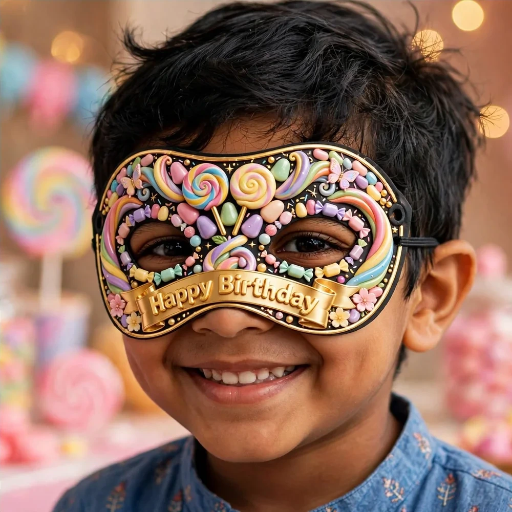 Candyland Theme Party Mask Birthday Party Supplies (PACK OF 12) - 280 GSM Cardstock with Soft Stretchable Elastic Band (7 Inches wide) - Premium Party Decor Supply by Party Decor Mall - View 4