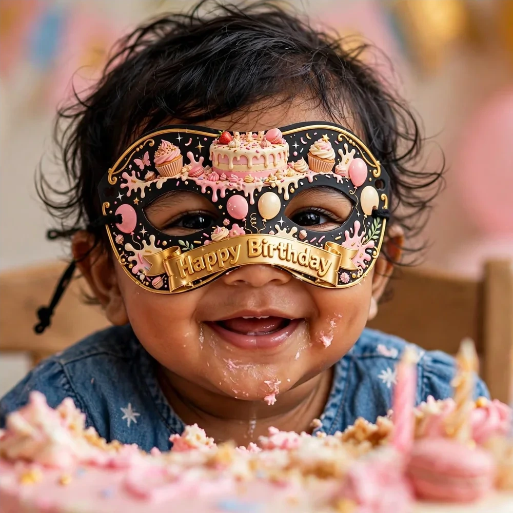 Cake Smash Theme Party Mask Birthday Party Supplies (PACK OF 12) - 280 GSM Cardstock with Soft Stretchable Elastic Band (7 Inches wide) - Premium Party Decor Supply by Party Decor Mall - View 4