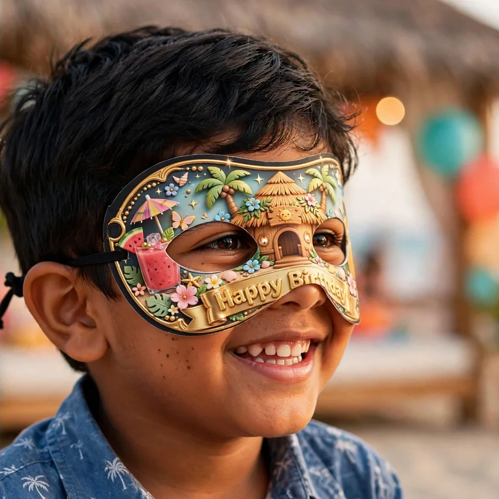Cabana Theme Party Mask Birthday Party Supplies (PACK OF 12) - 280 GSM Cardstock with Soft Stretchable Elastic Band (7 Inches wide) - Premium Party Decor Supply by Party Decor Mall - View 4