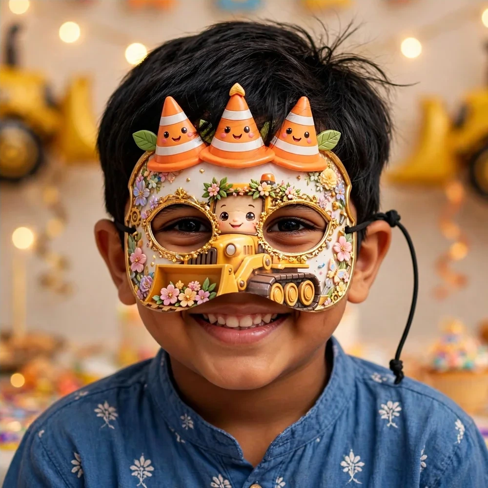 Bulldozer Theme Party Mask Birthday Party Supplies (PACK OF 12) - 280 GSM Cardstock with Soft Stretchable Elastic Band (7 Inches wide) - Premium Party Decor Supply by Party Decor Mall - View 4