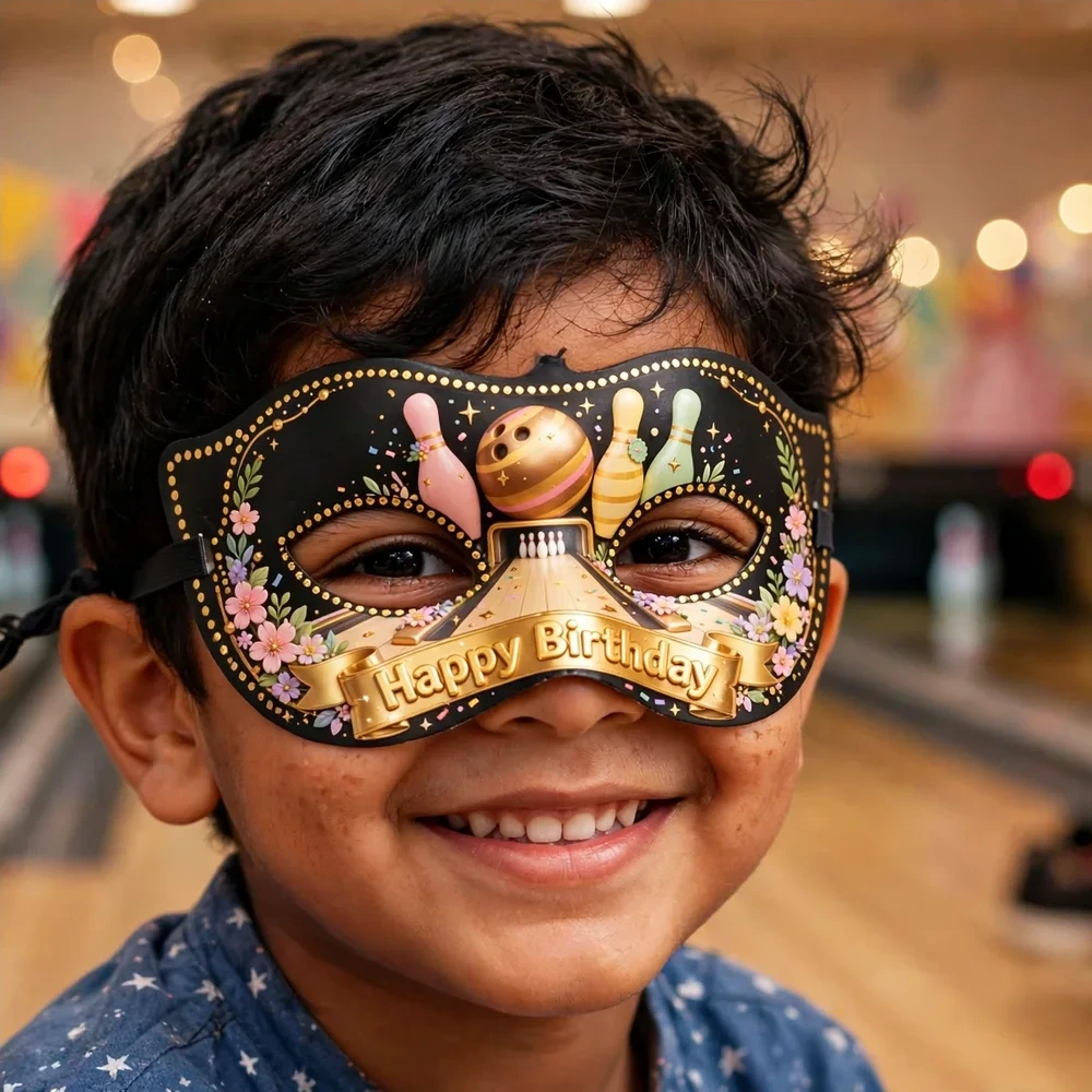 Bowling Theme Party Mask Birthday Party Supplies (PACK OF 12) - 280 GSM Cardstock with Soft Stretchable Elastic Band (7 Inches wide) - Premium Party Decor Supply by Party Decor Mall - View 4