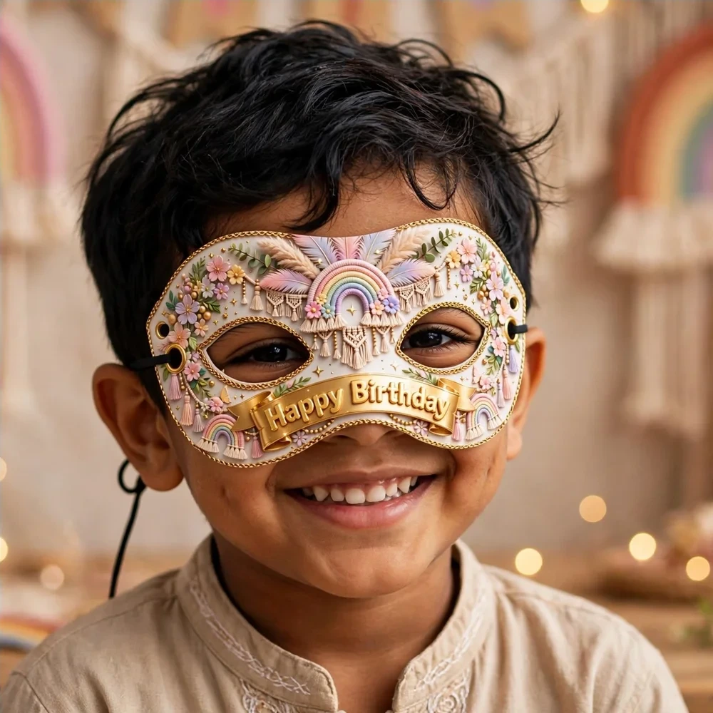 Boho Rainbow Theme Party Mask Birthday Party Supplies (PACK OF 12) - 280 GSM Cardstock with Soft Stretchable Elastic Band (7 Inches wide) - Premium Party Decor Supply by Party Decor Mall - View 4