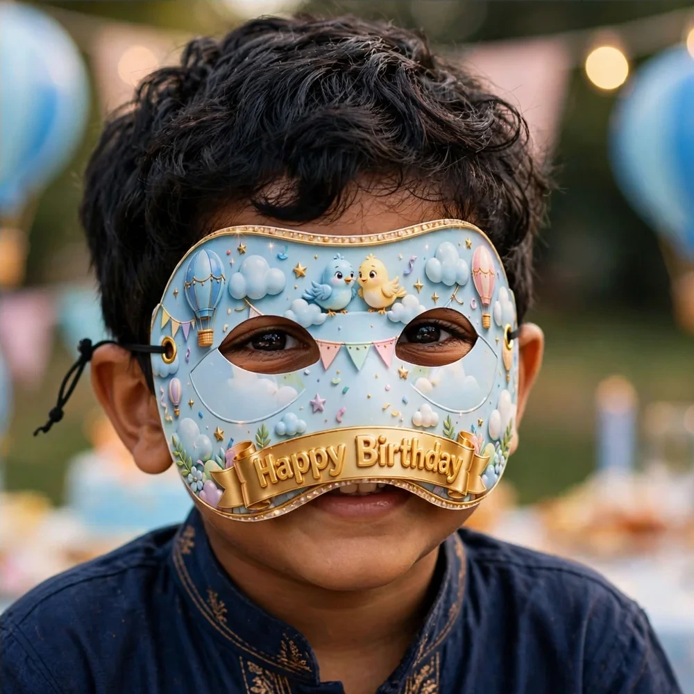 Blue Hot Air Balloon Theme Party Mask Birthday Party Supplies (PACK OF 12) - 280 GSM Cardstock with Soft Stretchable Elastic Band (7 Inches wide) - Premium Party Decor Supply by Party Decor Mall - View 4