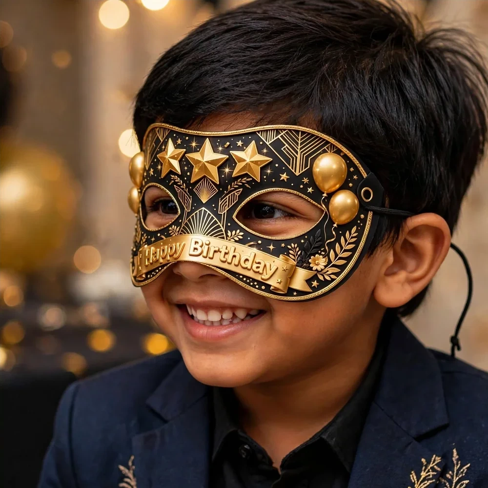 Black & Gold Theme Party Mask Birthday Party Supplies (PACK OF 12) - 280 GSM Cardstock with Soft Stretchable Elastic Band (7 Inches wide) - Premium Party Decor Supply by Party Decor Mall - View 4