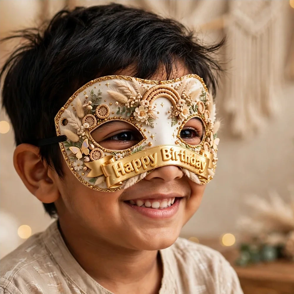 Beige Boho Theme Party Mask Birthday Party Supplies (PACK OF 12) - 280 GSM Cardstock with Soft Stretchable Elastic Band (7 Inches wide) - Premium Party Decor Supply by Party Decor Mall - View 4