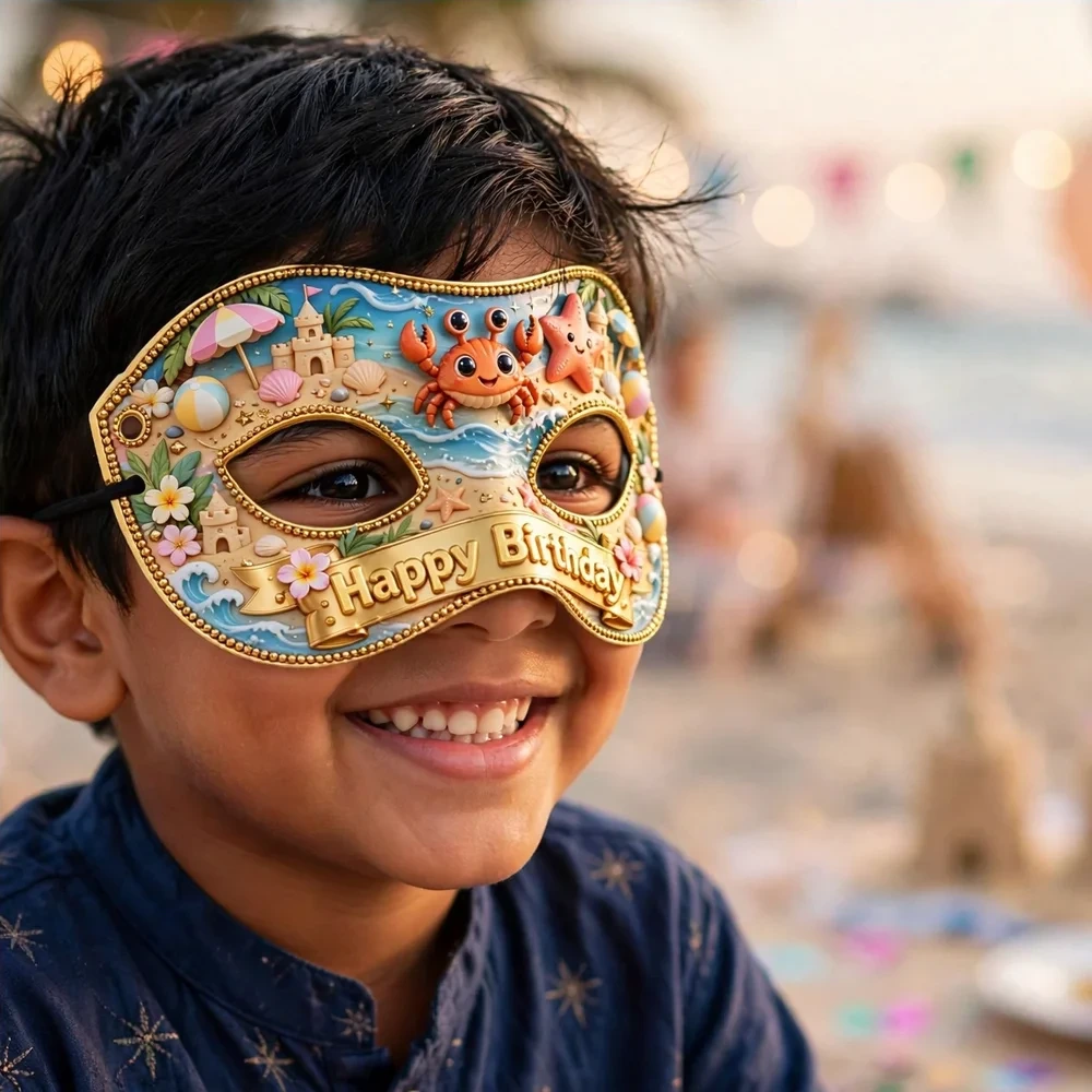 Beach Theme Party Mask Birthday Party Supplies (PACK OF 12) - 280 GSM Cardstock with Soft Stretchable Elastic Band (7 Inches wide) - Premium Party Decor Supply by Party Decor Mall - View 4