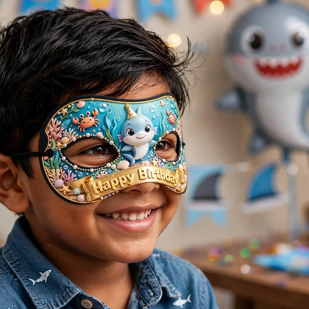 Baby Shark Theme Party Mask Birthday Party Supplies (PACK OF 12) - 280 GSM Cardstock with Soft Stretchable Elastic Band (7 Inches wide) - Premium Party Decor Supply by Party Decor Mall - View 4