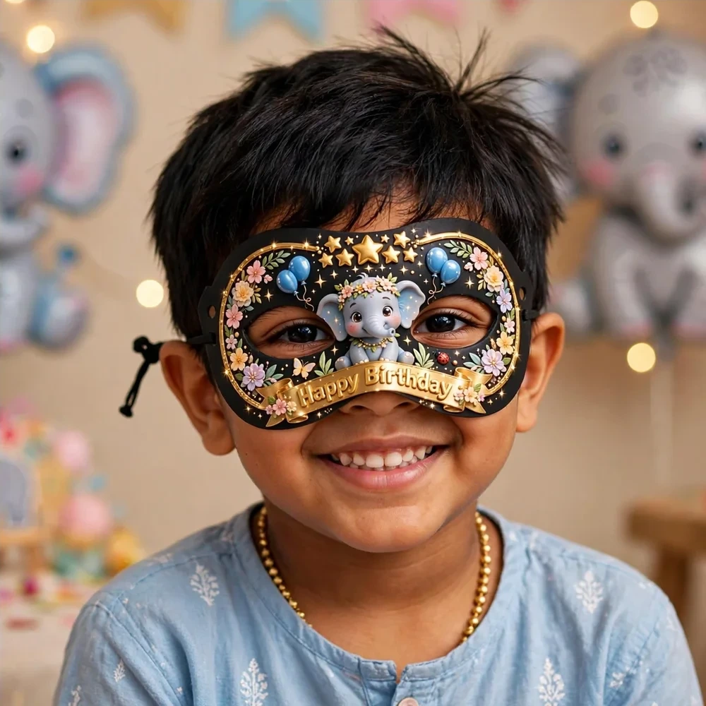 Baby Elephant Boy Theme Party Mask Birthday Party Supplies (PACK OF 12) - 280 GSM Cardstock with Soft Stretchable Elastic Band (7 Inches wide) - Premium Party Decor Supply by Party Decor Mall - View 4