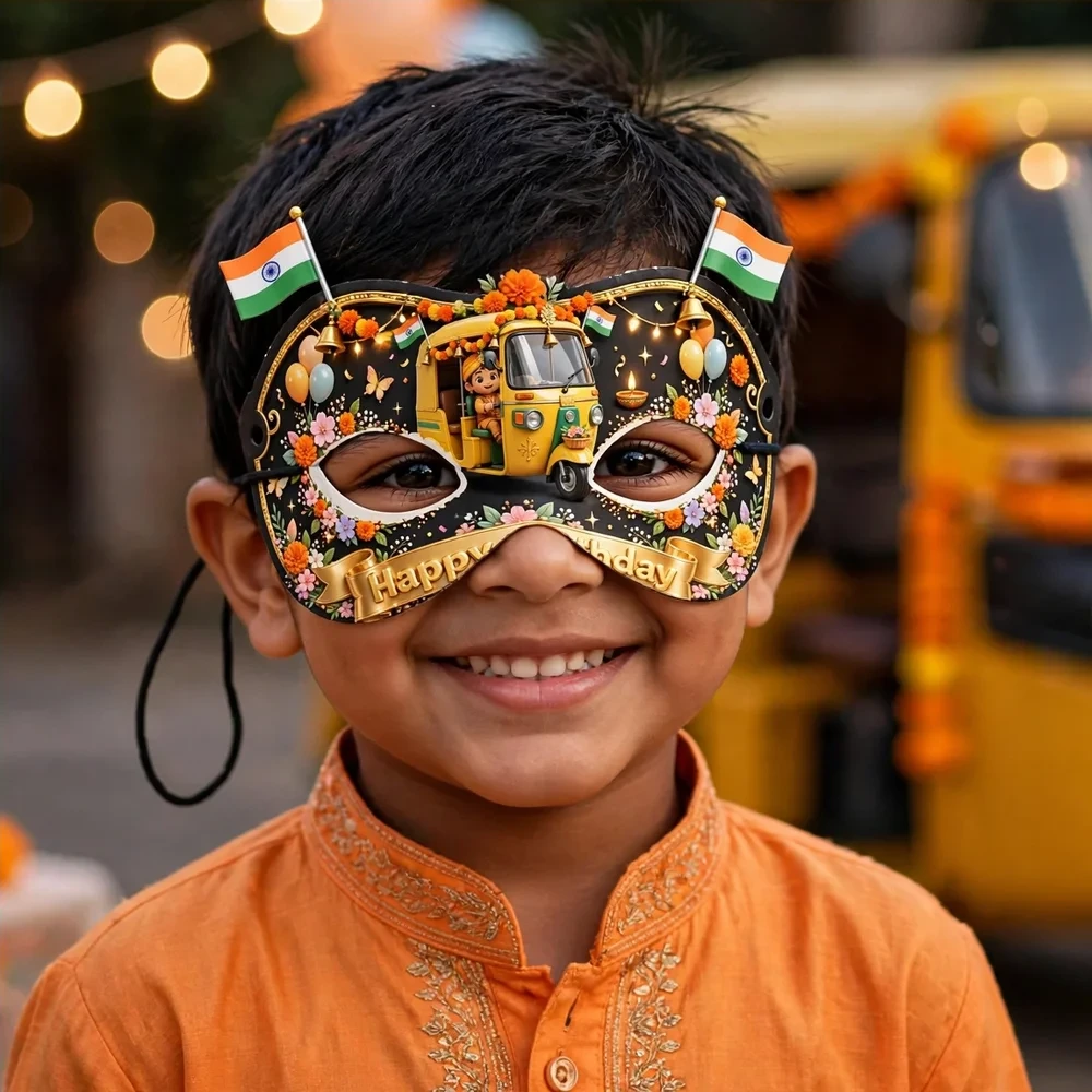 Auto Rickshaw Theme Party Mask Birthday Party Supplies (PACK OF 12) - 280 GSM Cardstock with Soft Stretchable Elastic Band (7 Inches wide) - Premium Party Decor Supply by Party Decor Mall - View 4