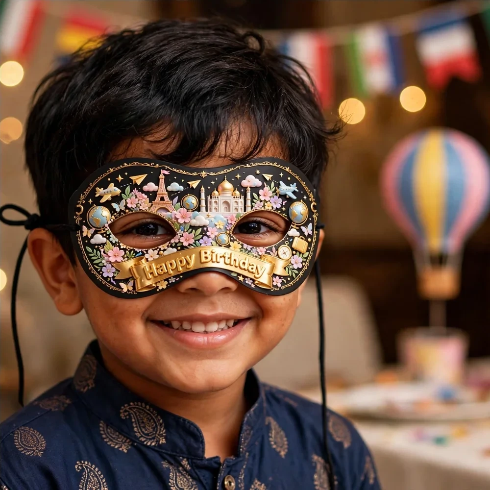 Around World Theme Party Mask Birthday Party Supplies (PACK OF 12) - 280 GSM Cardstock with Soft Stretchable Elastic Band (7 Inches wide) - Premium Party Decor Supply by Party Decor Mall - View 4