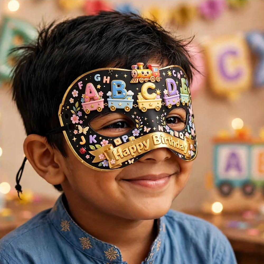 Alphabets & Train Theme Party Mask Birthday Party Supplies (PACK OF 12) - 280 GSM Cardstock with Soft Stretchable Elastic Band (7 Inches wide) - Premium Party Decor Supply by Party Decor Mall - View 4