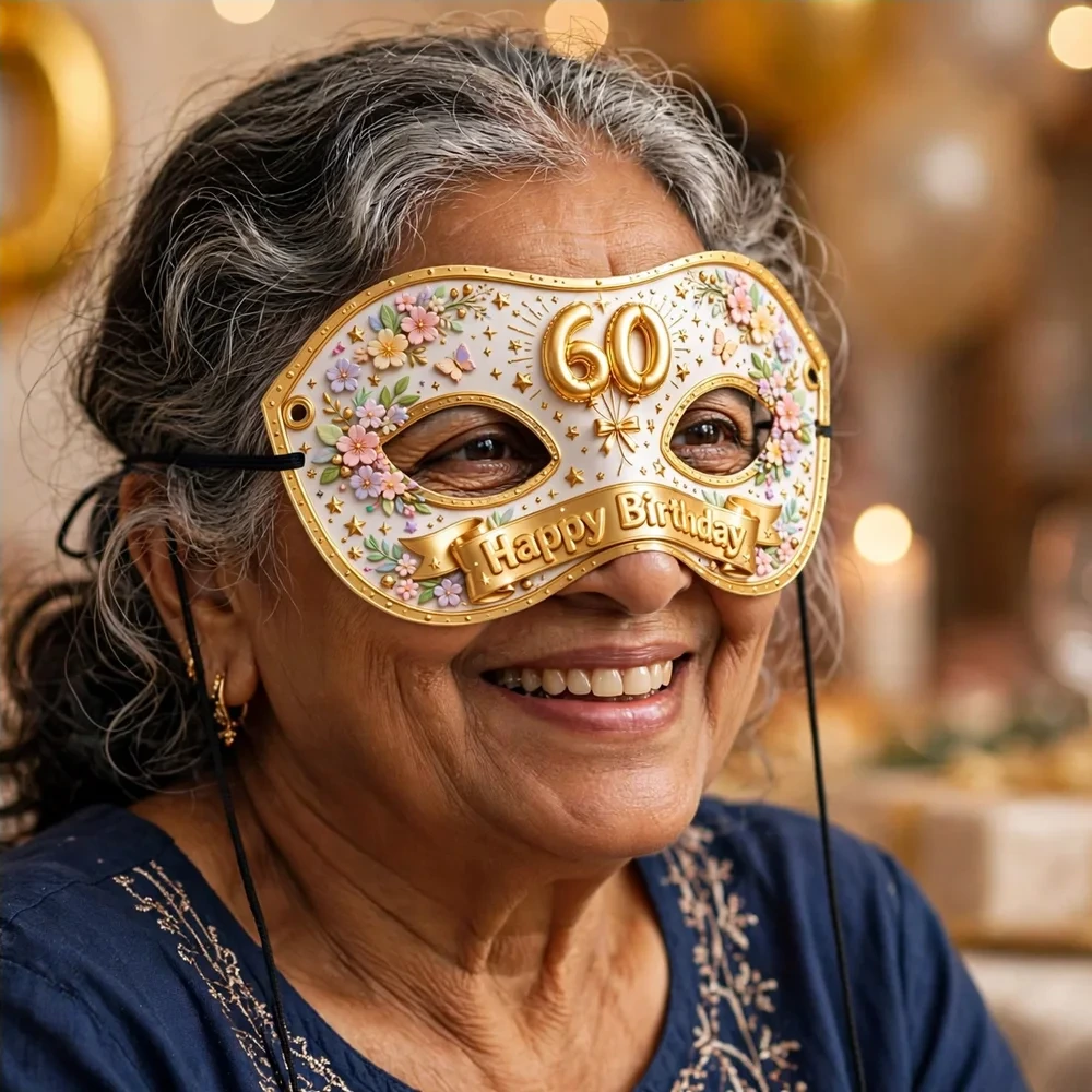 60th Birthday Theme Party Mask Birthday Party Supplies (PACK OF 12) - 280 GSM Cardstock with Soft Stretchable Elastic Band (7 Inches wide) - Premium Party Decor Supply by Party Decor Mall - View 4