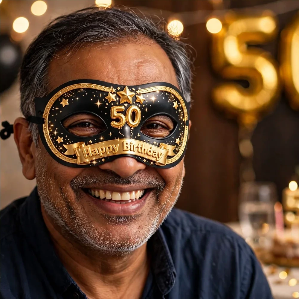 50th Birthday Theme Party Mask Birthday Party Supplies (PACK OF 12) - 280 GSM Cardstock with Soft Stretchable Elastic Band (7 Inches wide) - Premium Party Decor Supply by Party Decor Mall - View 4