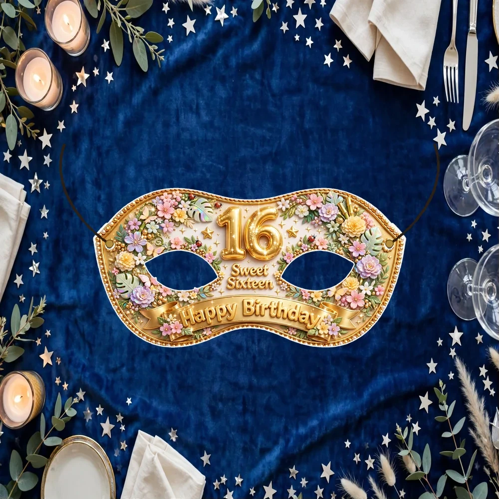 16th Theme Party Mask Birthday Party Supplies (PACK OF 12) - 280 GSM Cardstock with Soft Stretchable Elastic Band (7 Inches wide)