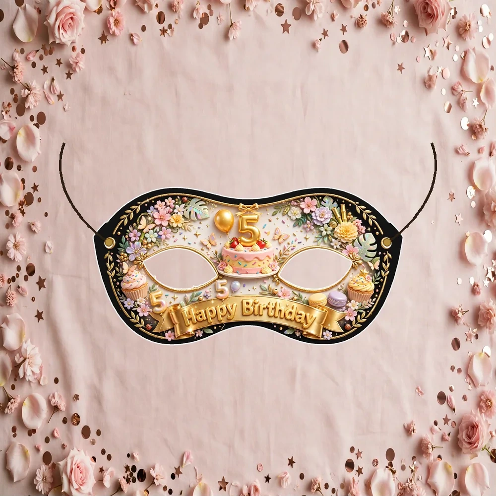 5th Birthday Theme Party Mask Birthday Party Supplies (PACK OF 12) - 280 GSM Cardstock with Soft Stretchable Elastic Band (7 Inches wide)
