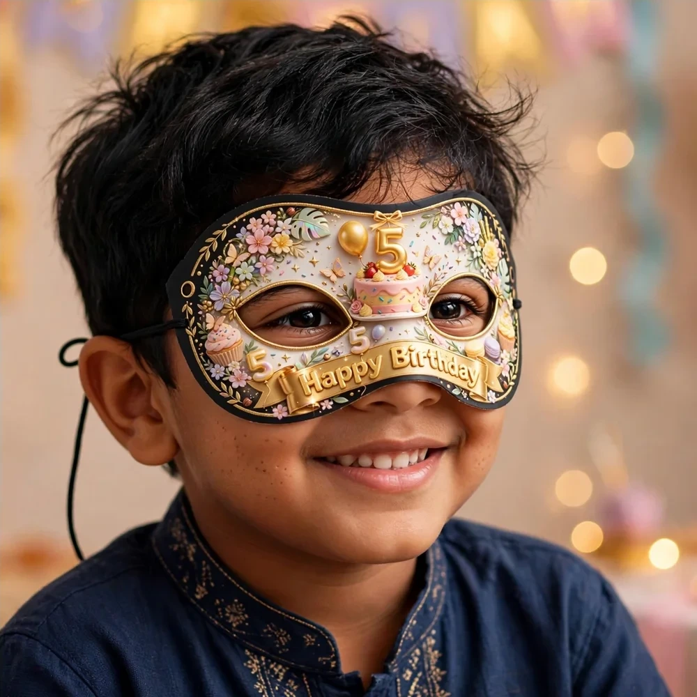 5th Birthday Theme Party Mask Birthday Party Supplies (PACK OF 12) - 280 GSM Cardstock with Soft Stretchable Elastic Band (7 Inches wide) - Premium Party Decor Supply by Party Decor Mall - View 4