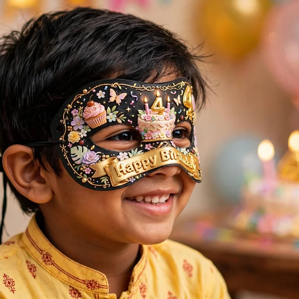 4th Birthday Theme Party Mask Birthday Party Supplies (PACK OF 12) - 280 GSM Cardstock with Soft Stretchable Elastic Band (7 Inches wide) - Premium Party Decor Supply by Party Decor Mall - View 4