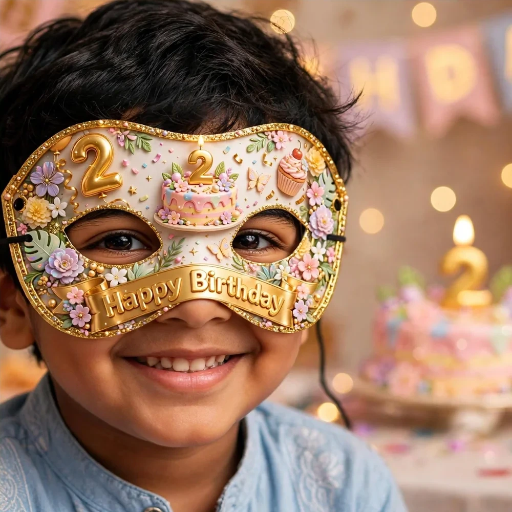 2nd Birthday Theme Party Mask Birthday Party Supplies (PACK OF 12) - 280 GSM Cardstock with Soft Stretchable Elastic Band (7 Inches wide) - Premium Party Decor Supply by Party Decor Mall - View 4