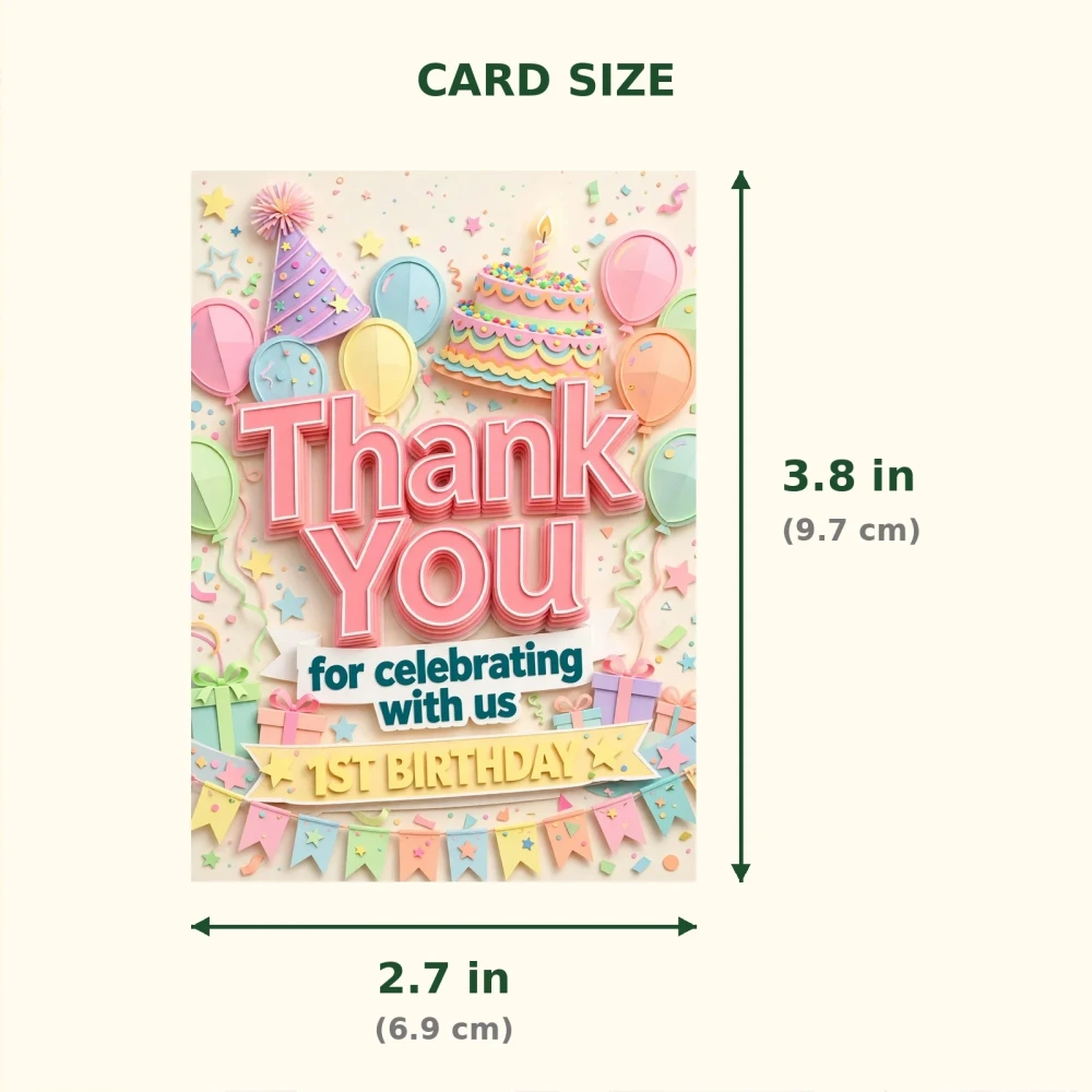 1st Birthday Theme Thank You Cards Birthday Party Supplies (PACK OF 30) - 300 GSM Matte Fine Art Cardstock (2.5 x 3.5 Inch) - Premium Party Decor Supply by Party Decor Mall - View 2