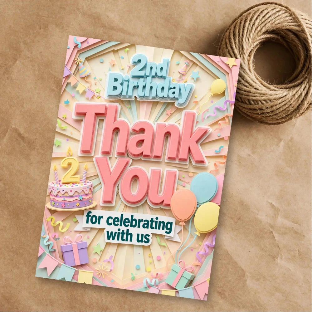 2nd Birthday Theme Thank You Cards Birthday Party Supplies (PACK OF 30) - 300 GSM Matte Fine Art Cardstock (2.5 x 3.5 Inch) - Premium Party Decor Supply by Party Decor Mall - View 1