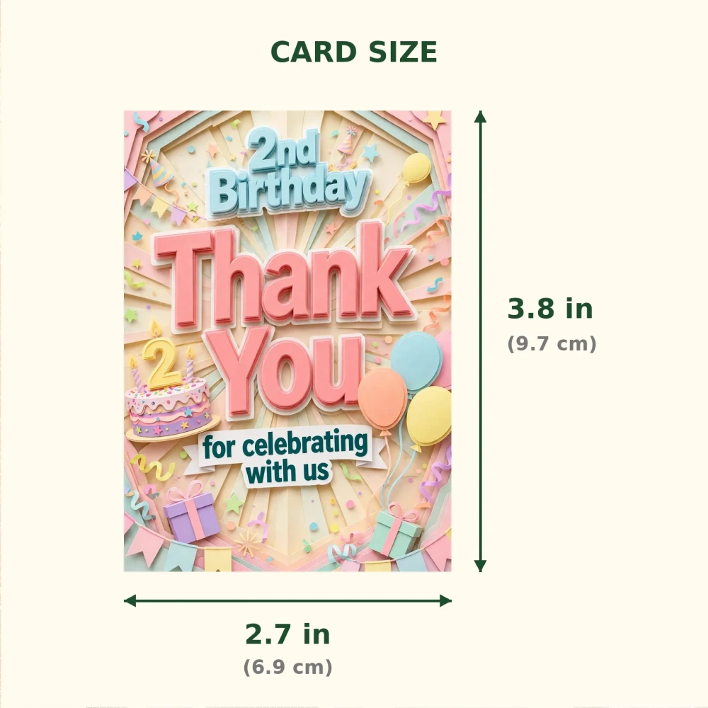 2nd Birthday Theme Thank You Cards Birthday Party Supplies (PACK OF 30) - 300 GSM Matte Fine Art Cardstock (2.5 x 3.5 Inch) - Premium Party Decor Supply by Party Decor Mall - View 2