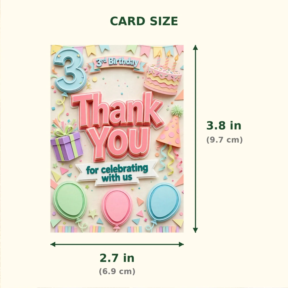 3rd Birthday Theme Thank You Cards Birthday Party Supplies (PACK OF 30) - 300 GSM Matte Fine Art Cardstock (2.5 x 3.5 Inch) - Premium Party Decor Supply by Party Decor Mall - View 2