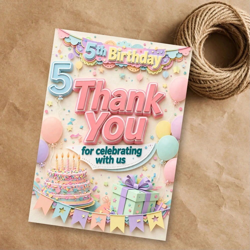 5th Birthday Theme Thank You Cards Birthday Party Supplies (PACK OF 30) - 300 GSM Matte Fine Art Cardstock (2.5 x 3.5 Inch) - Premium Party Decor Supply by Party Decor Mall - View 1